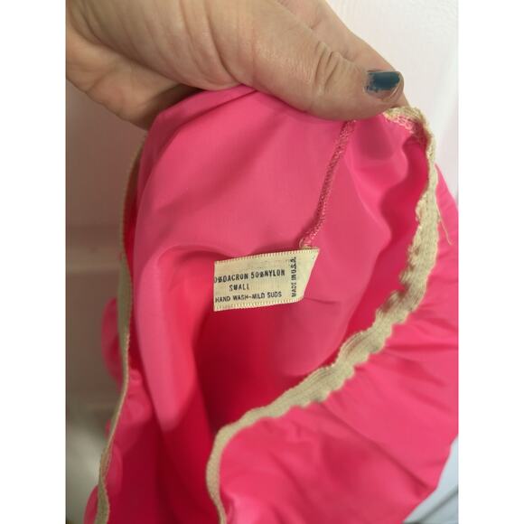 VTG 60s Mistee Hot Pink Nylon Blend Slip Skirt Lace Detail Slit Size Small USA - Picture 4 of 5